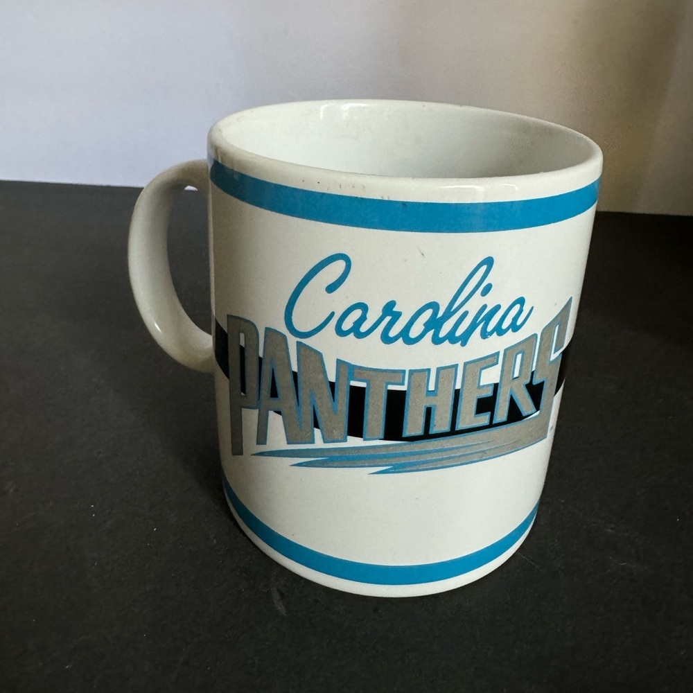 Vintage 90s NFL Carolina Panthers Coffee Mug Cup Retro Helmet Logo Black Blue